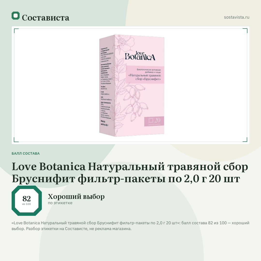Love Botanica Натуральный травяной сбор Бруснифит фильтр-пакеты по 2,0 г 20 шт: балл состава 82 из 100 — Состависта