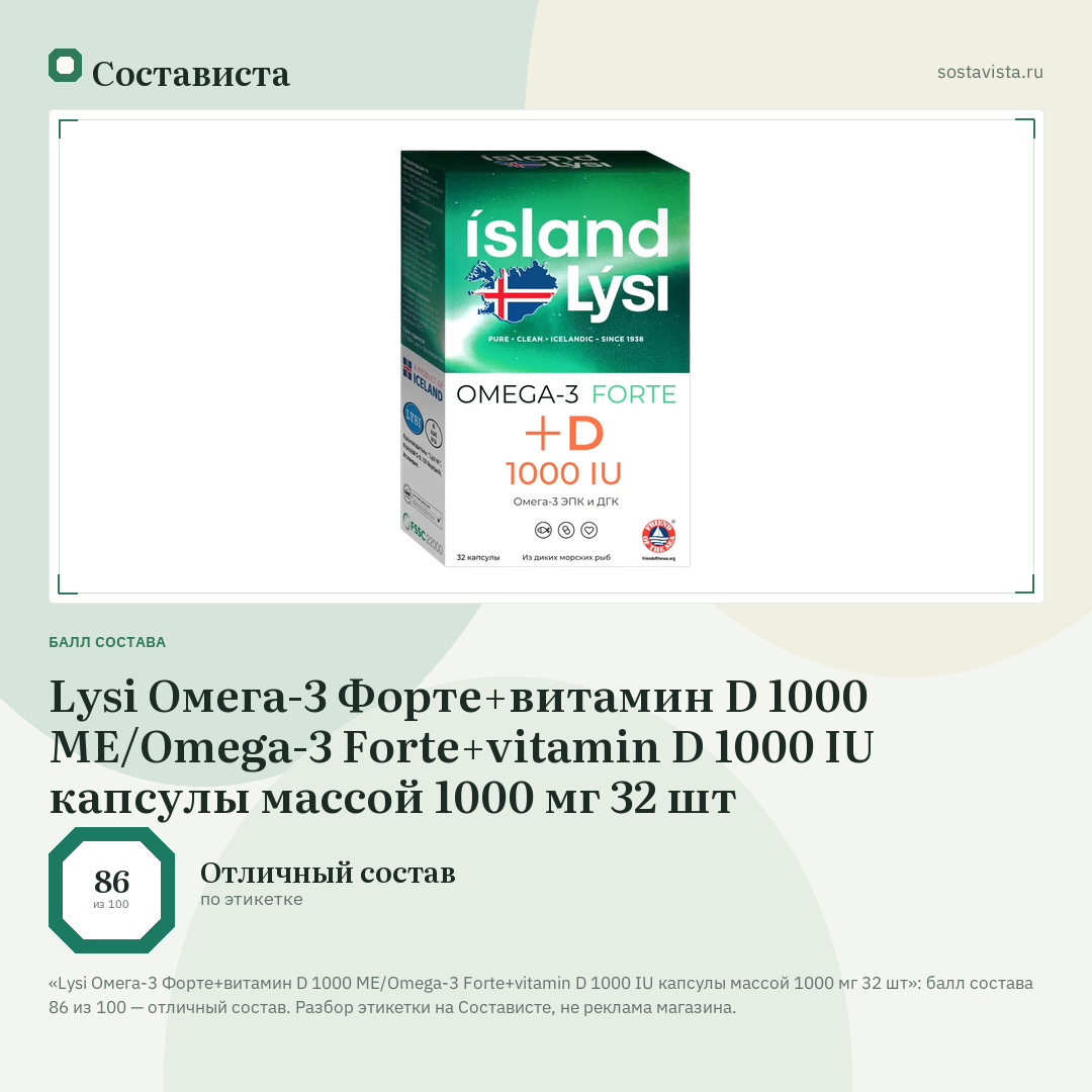 Lysi Омега-3 Форте+витамин D 1000 МЕ/Omega-3 Forte+vitamin D 1000 IU капсулы массой 1000 мг 32 шт: балл состава 86 из 100 — Состависта