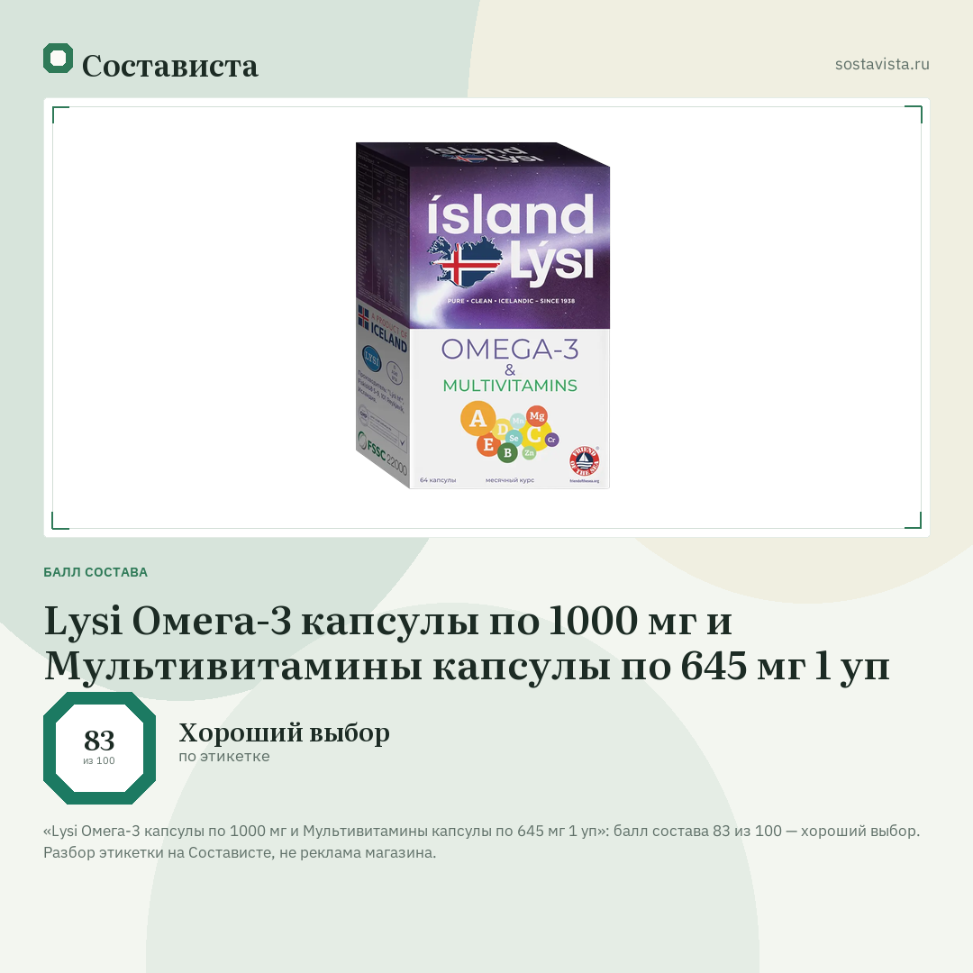Lysi Омега-3 капсулы по 1000 мг и Мультивитамины капсулы по 645 мг 1 уп: балл состава 83 из 100 — Состависта