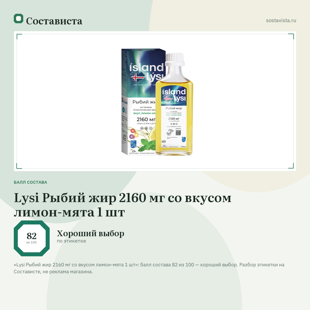 Lysi Рыбий жир 2160 мг со вкусом лимон-мята 1 шт: балл состава 82 из 100 — Состависта