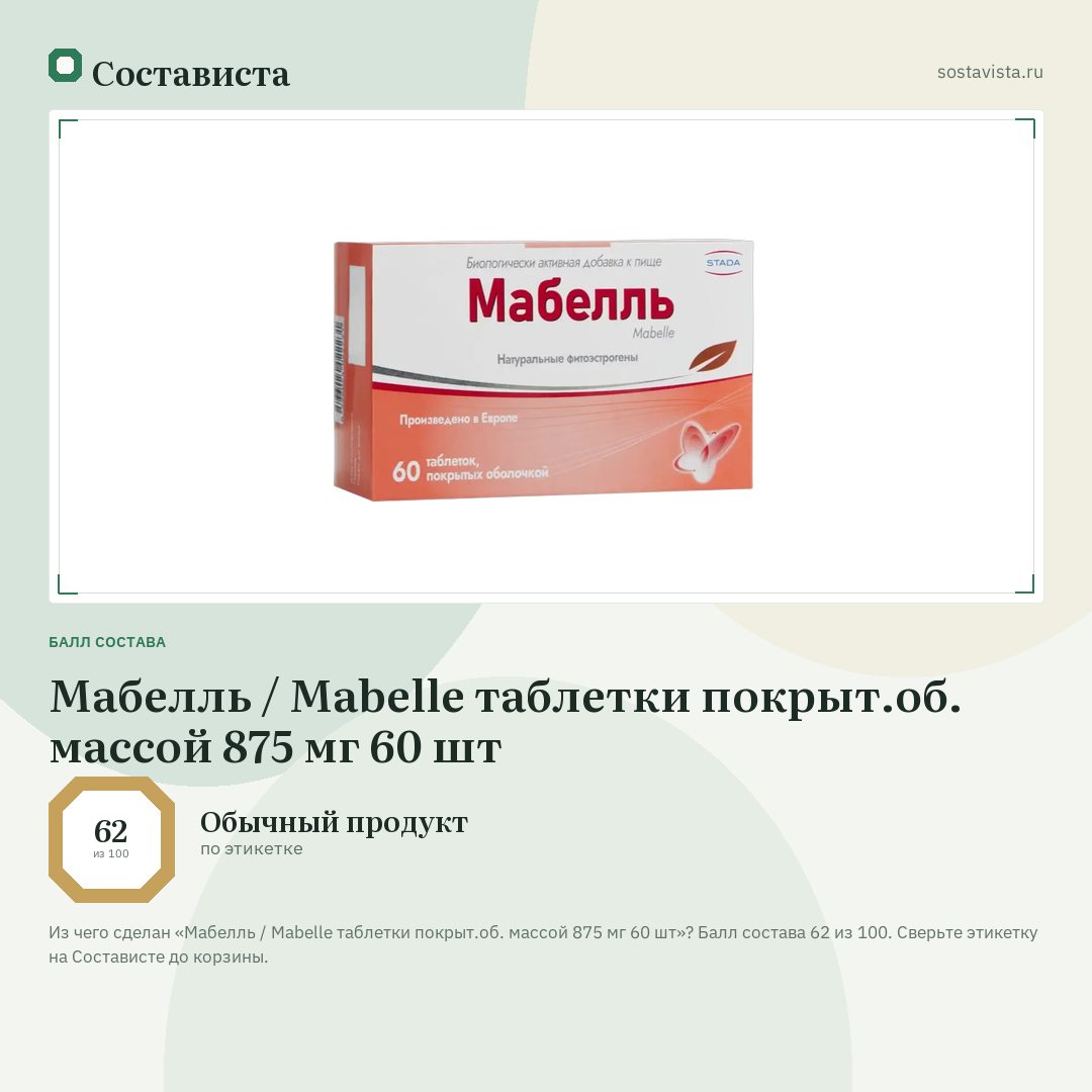 Мабелль / Mabelle таблетки покрыт.об. массой 875 мг 60 шт: балл состава 62 из 100 — Состависта