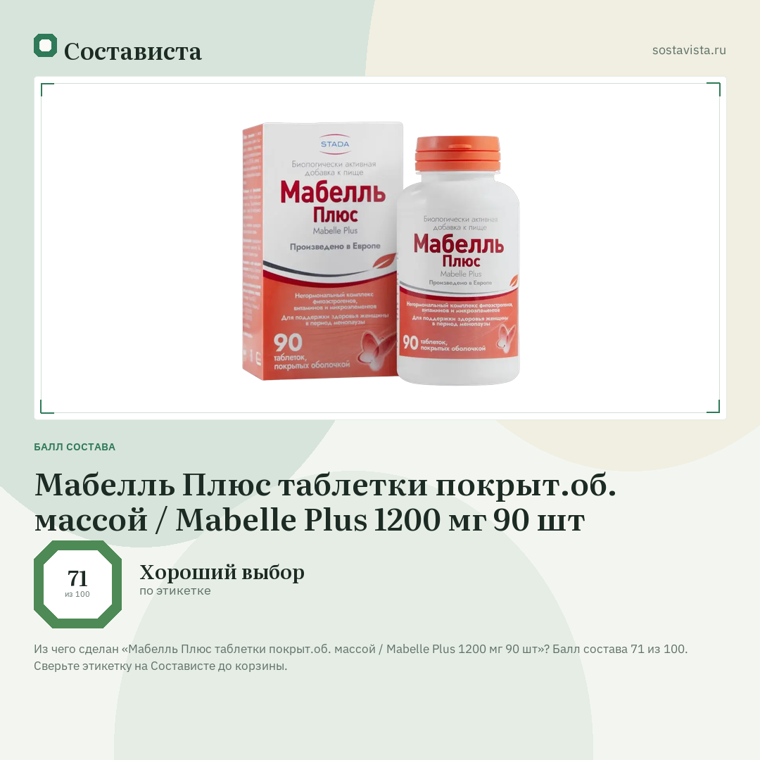 Мабелль Плюс таблетки покрыт.об. массой / Mabelle Plus 1200 мг 90 шт: балл состава 71 из 100 — Состависта
