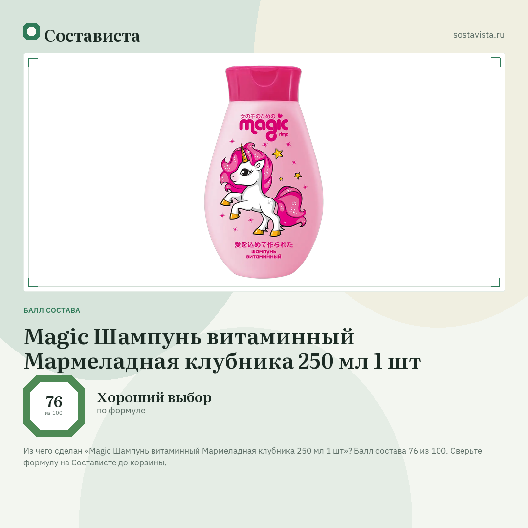 Magic Шампунь витаминный Мармеладная клубника 250 мл 1 шт: балл состава 76 из 100 — Состависта
