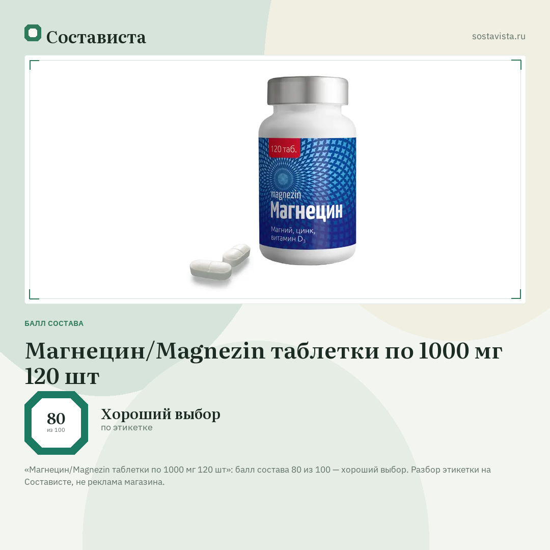 Магнецин/Magnezin таблетки по 1000 мг 120 шт: балл состава 80 из 100 — Состависта