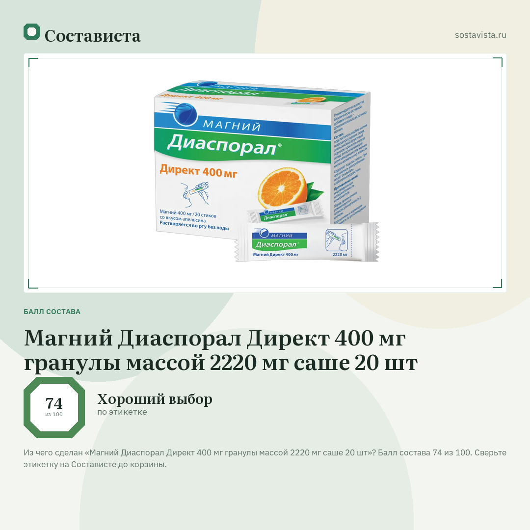 Магний Диаспорал Директ 400 мг гранулы массой 2220 мг саше 20 шт: балл состава 74 из 100 — Состависта