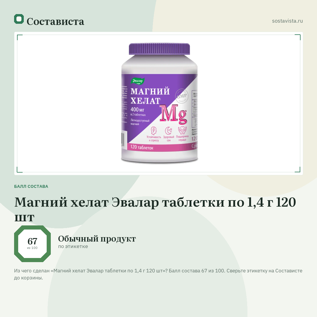 Магний хелат Эвалар таблетки по 1,4 г 120 шт: балл состава 67 из 100 — Состависта