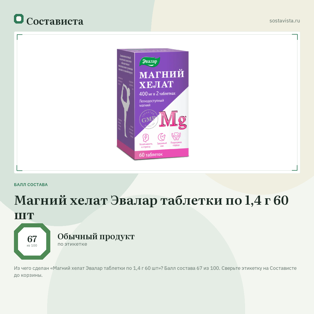 Магний хелат Эвалар таблетки по 1,4 г 60 шт: балл состава 67 из 100 — Состависта