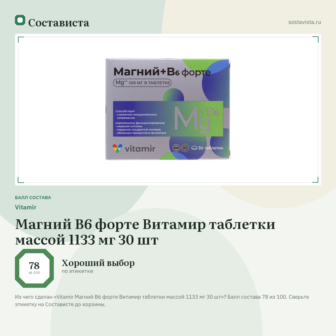Vitamir Магний В6 форте Витамир таблетки массой 1133 мг 30 шт: балл состава 78 из 100 — Состависта