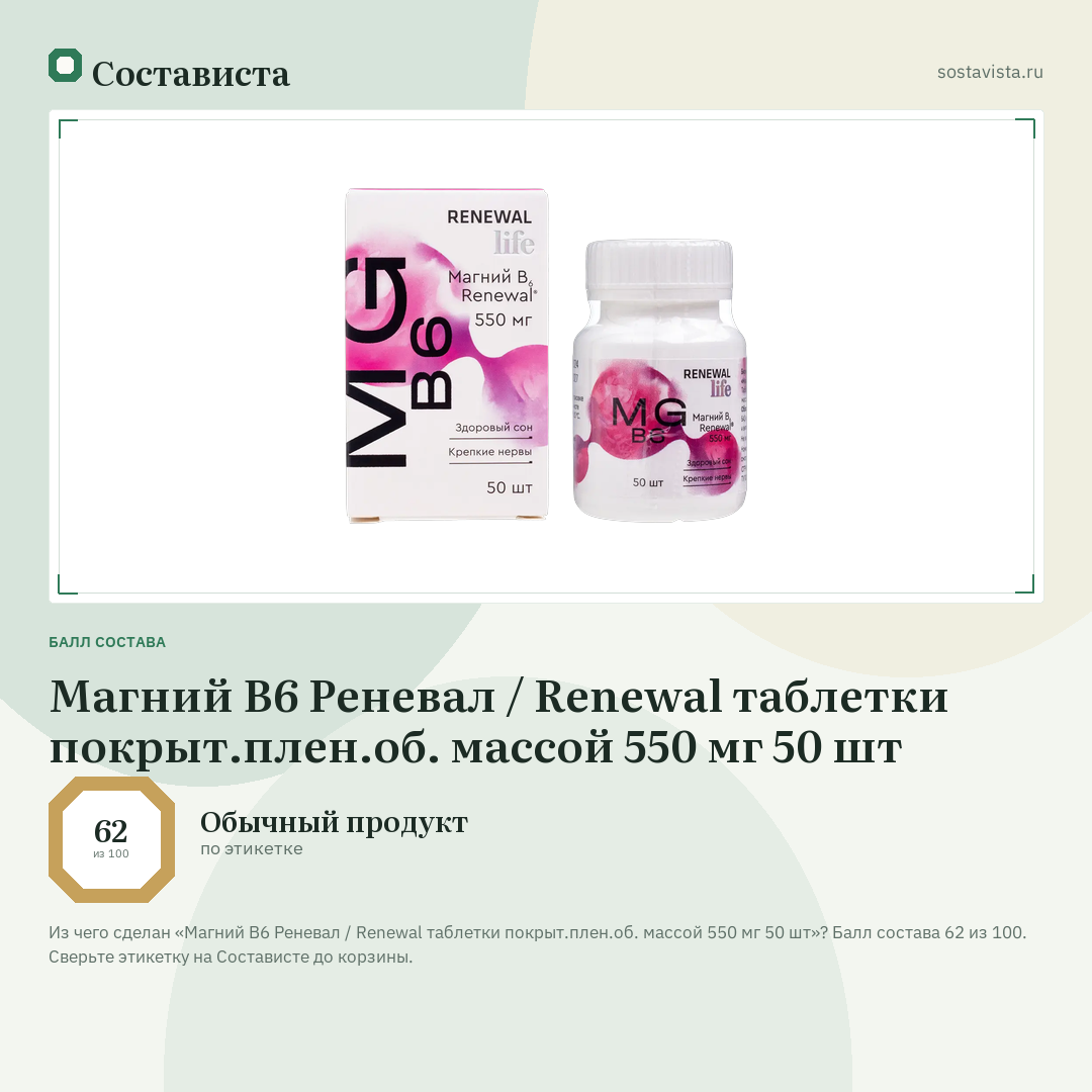 Магний В6 Реневал / Renewal таблетки покрыт.плен.об. массой 550 мг 50 шт: балл состава 62 из 100 — Состависта