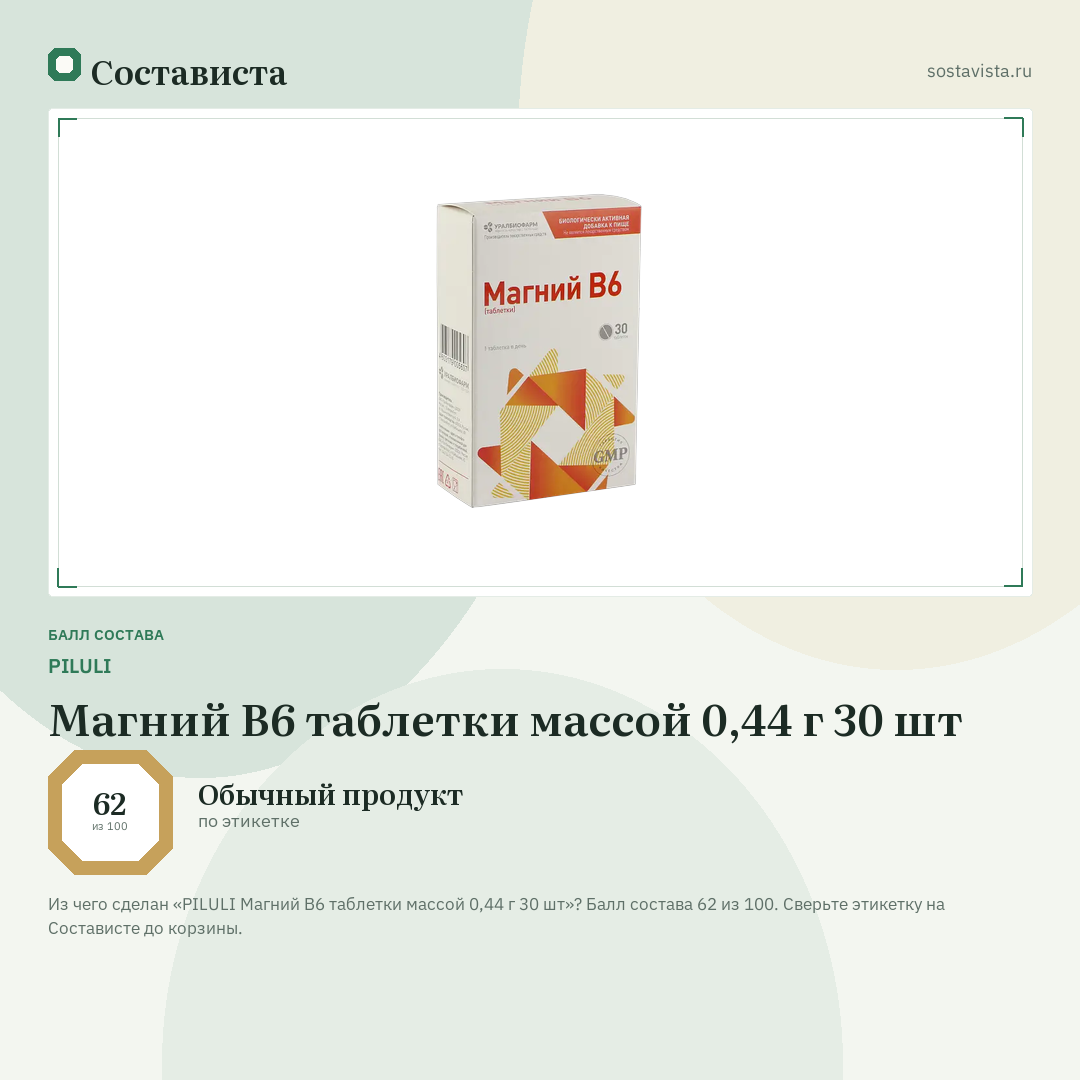 PILULI Магний В6 таблетки массой 0,44 г 30 шт: балл состава 62 из 100 — Состависта