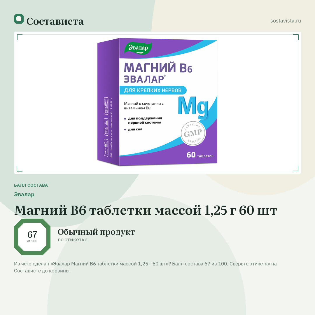 Эвалар Магний В6 таблетки массой 1,25 г 60 шт: балл состава 67 из 100 — Состависта