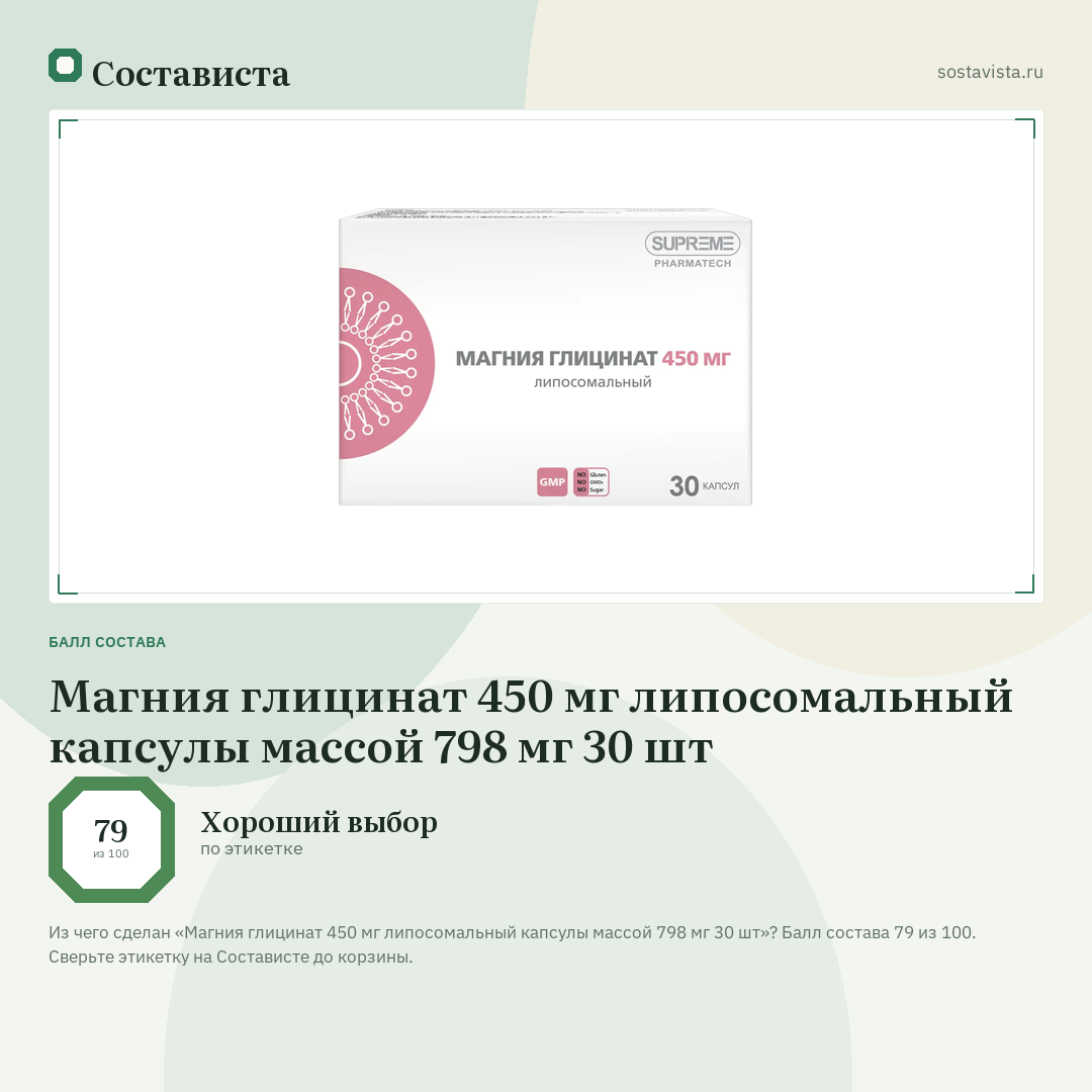 Магния глицинат 450 мг липосомальный капсулы массой 798 мг 30 шт: балл состава 79 из 100 — Состависта