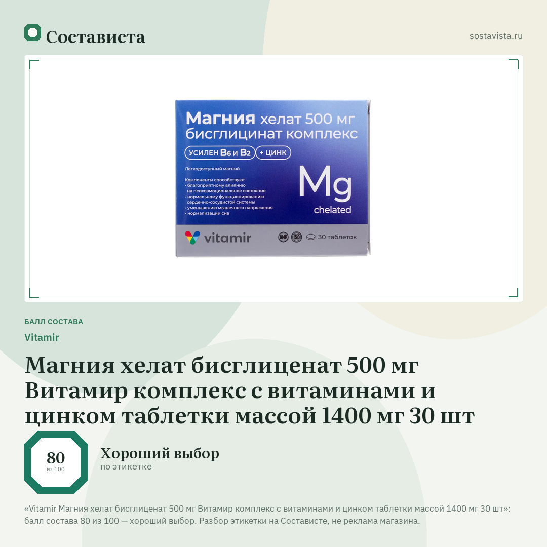 Vitamir Магния хелат бисглиценат 500 мг Витамир комплекс с витаминами и цинком таблетки массой 1400 мг 30 шт: балл состава 80 из 100 — Состависта
