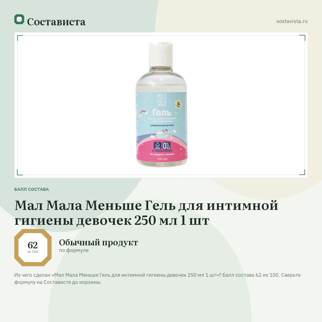 Мал Мала Меньше Гель для интимной гигиены девочек 250 мл 1 шт: балл состава 62 из 100 — Состависта