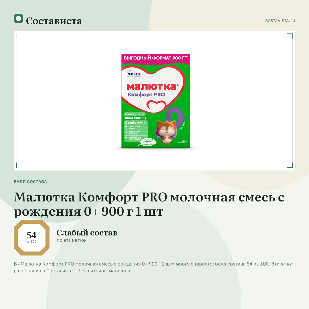 Малютка Комфорт PRO молочная смесь с рождения 0+ 900 г 1 шт: балл состава 54 из 100 — Состависта
