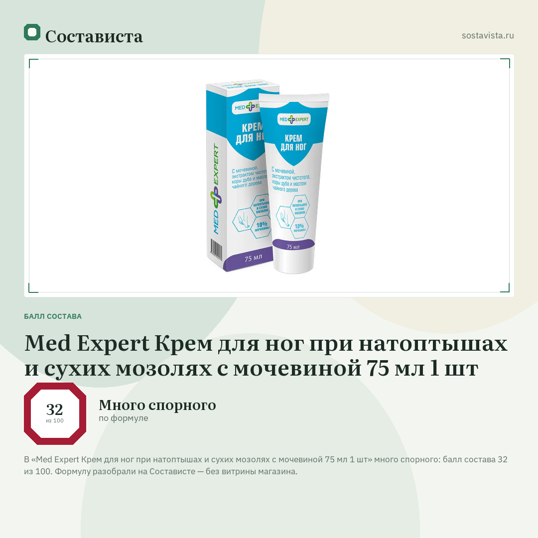 Med Expert Крем для ног при натоптышах и сухих мозолях с мочевиной 75 мл 1 шт: балл состава 32 из 100 — Состависта