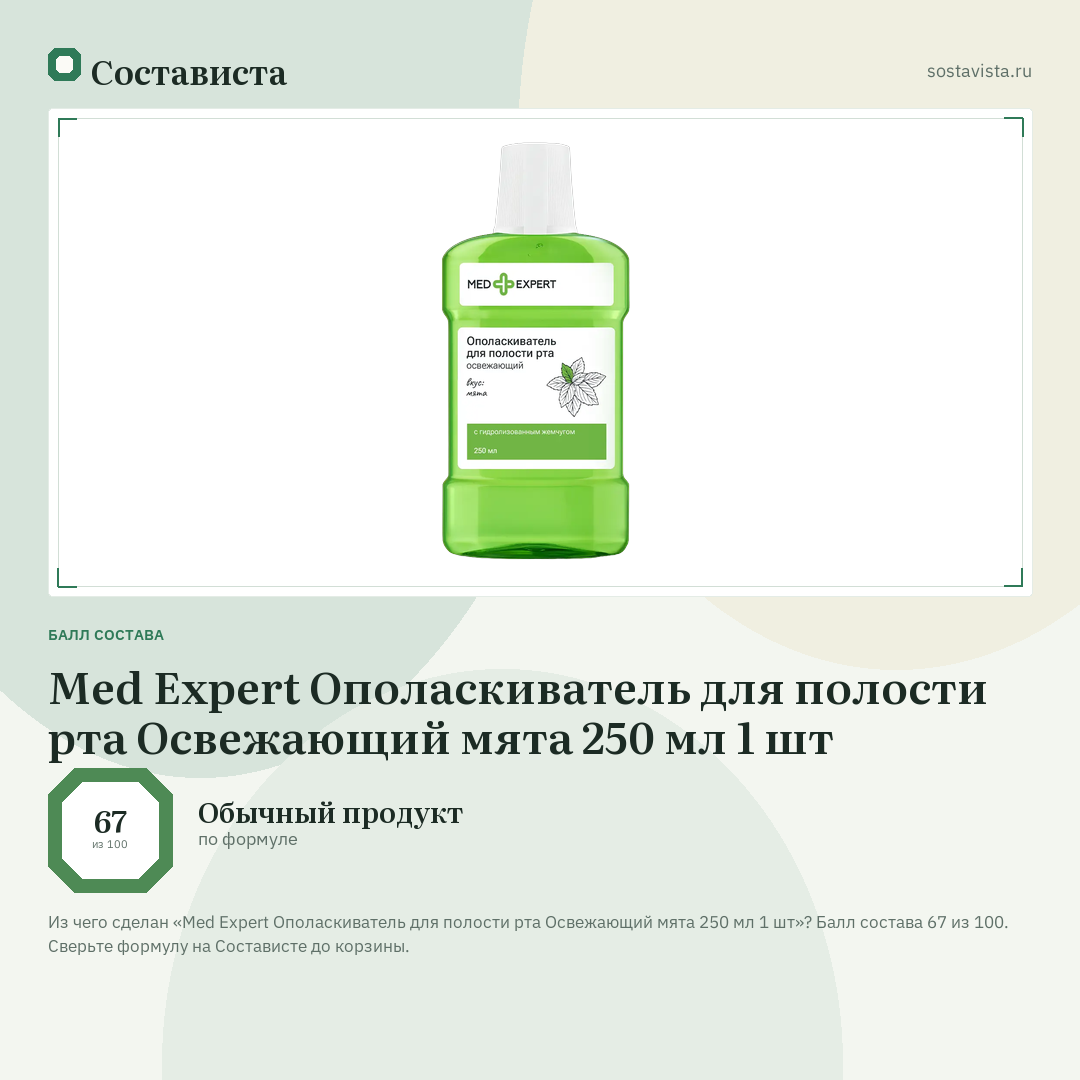 Med Expert Ополаскиватель для полости рта Освежающий мята 250 мл 1 шт: балл состава 67 из 100 — Состависта