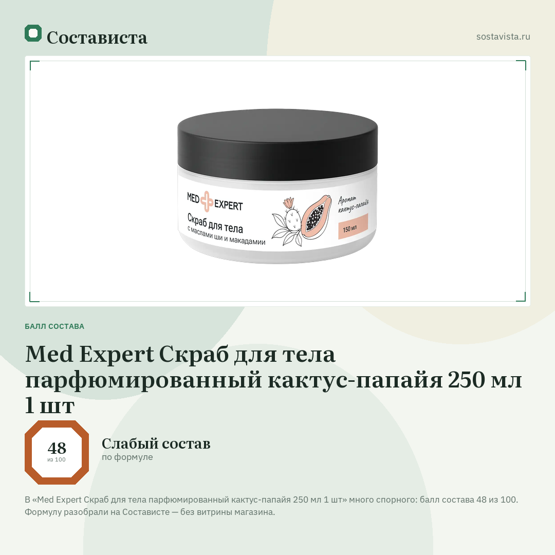 Med Expert Скраб для тела парфюмированный кактус-папайя 250 мл 1 шт: балл состава 48 из 100 — Состависта