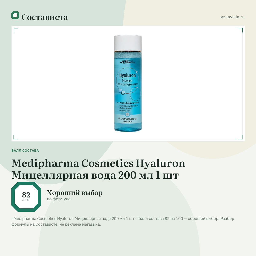 Medipharma Cosmetics Hyaluron Мицеллярная вода 200 мл 1 шт: балл состава 82 из 100 — Состависта