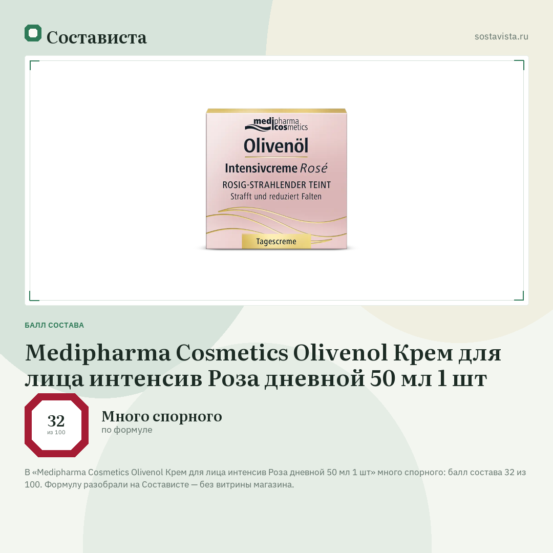 Medipharma Cosmetics Olivenol Крем для лица интенсив Роза дневной 50 мл 1 шт: балл состава 32 из 100 — Состависта