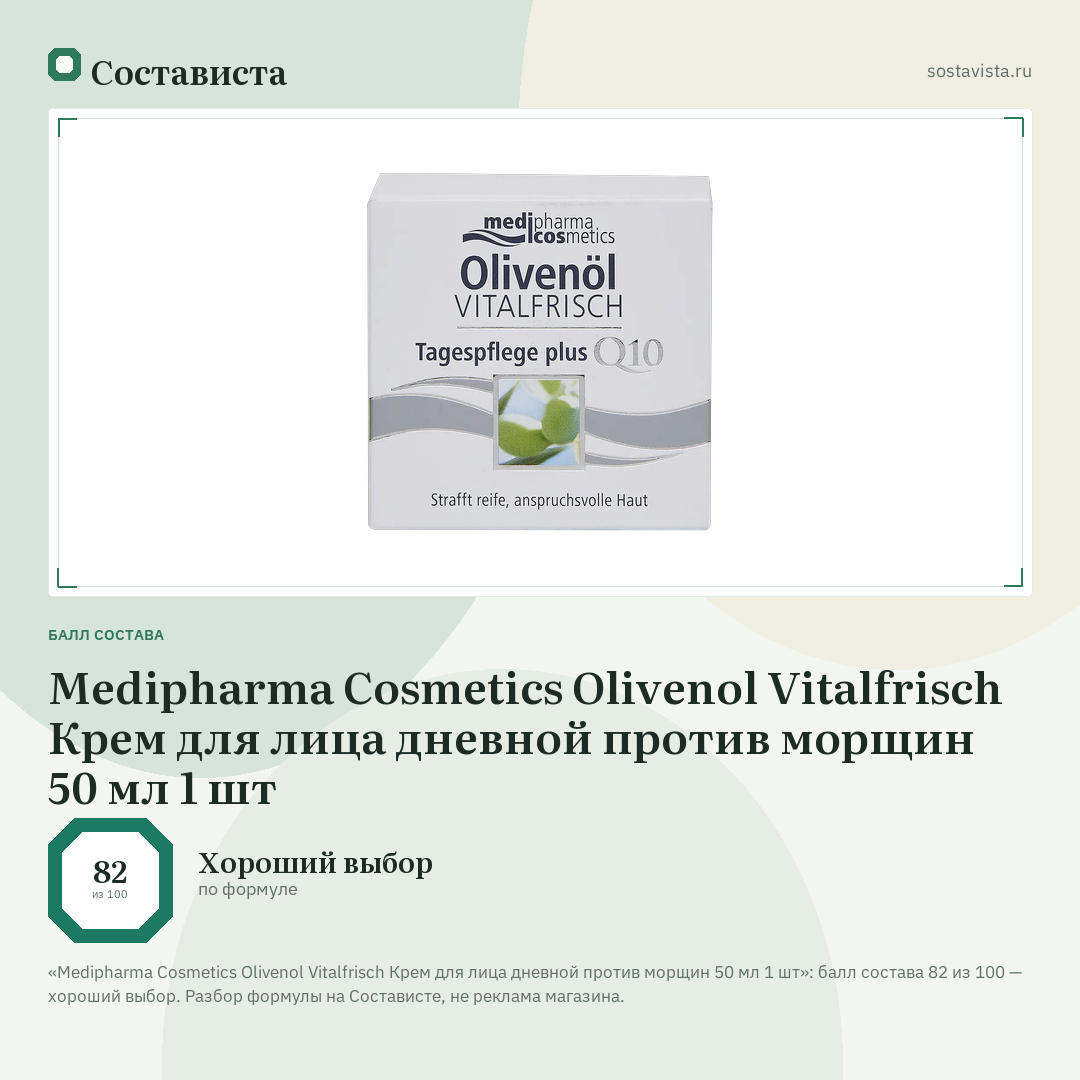 Medipharma Cosmetics Olivenol Vitalfrisch Крем для лица дневной против морщин 50 мл 1 шт: балл состава 82 из 100 — Состависта