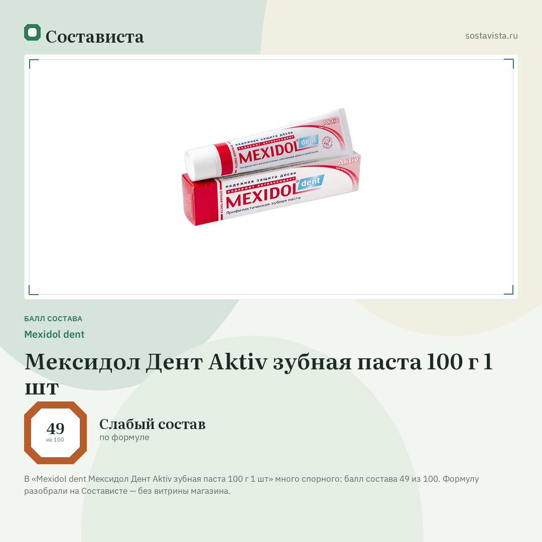 Mexidol dent Мексидол Дент Aktiv зубная паста 100 г 1 шт: балл состава 49 из 100 — Состависта