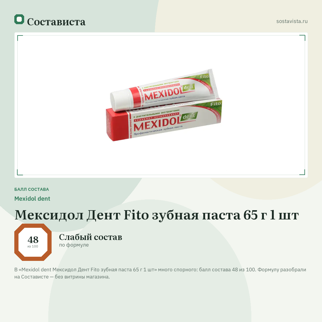 Mexidol dent Мексидол Дент Fito зубная паста 65 г 1 шт: балл состава 48 из 100 — Состависта