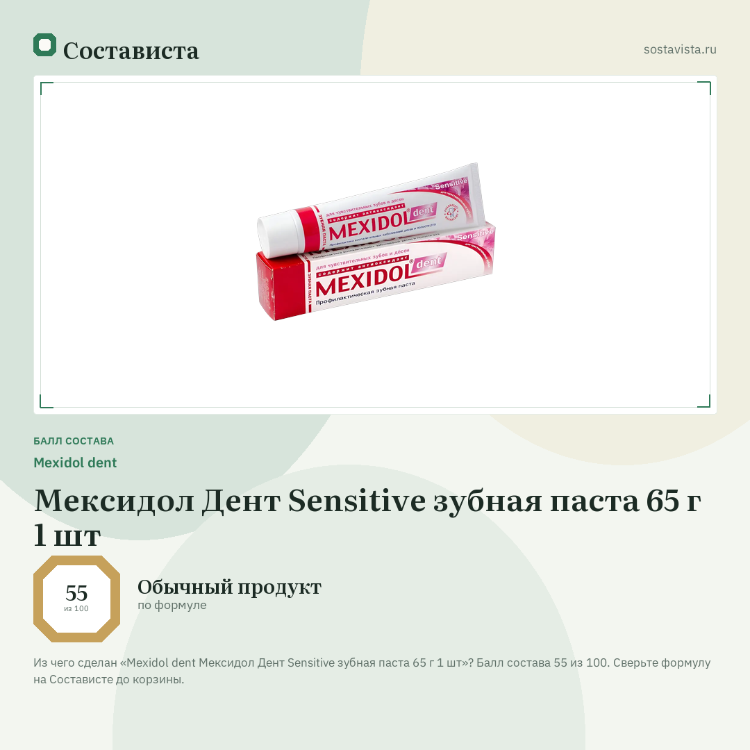Mexidol dent Мексидол Дент Sensitive зубная паста 65 г 1 шт: балл состава 55 из 100 — Состависта
