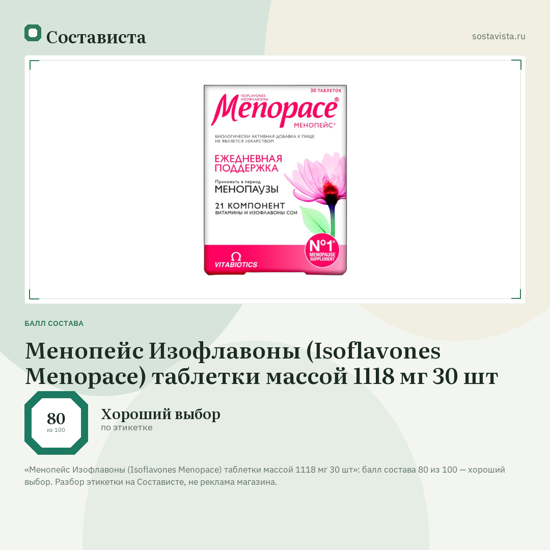 Менопейс Изофлавоны (Isoflavones Menopace) таблетки массой 1118 мг 30 шт: балл состава 80 из 100 — Состависта