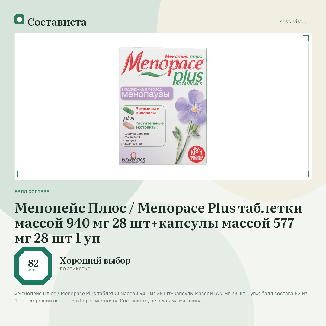 Менопейс Плюс / Menopace Plus таблетки массой 940 мг 28 шт+капсулы массой 577 мг 28 шт 1 уп: балл состава 82 из 100 — Состависта