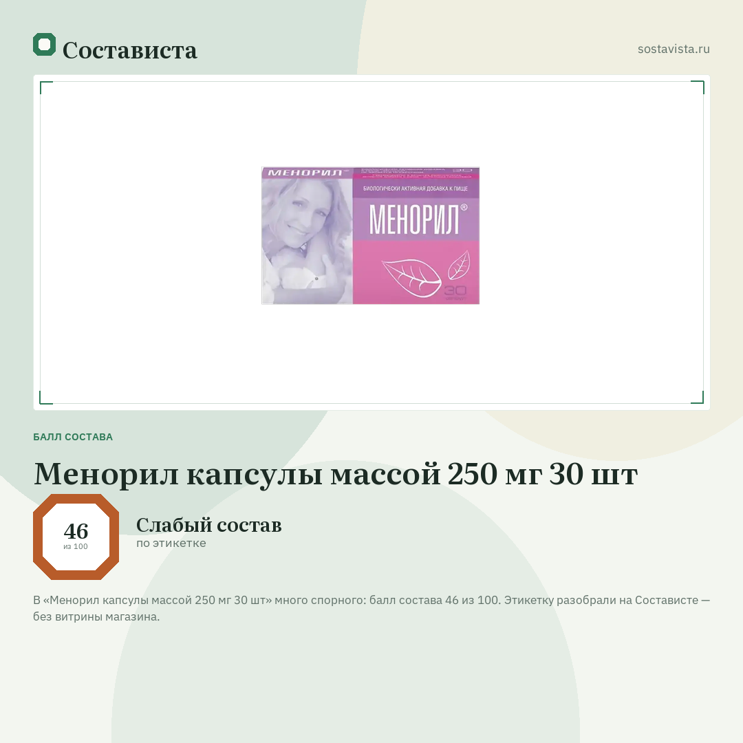 Менорил капсулы массой 250 мг 30 шт: балл состава 46 из 100 — Состависта