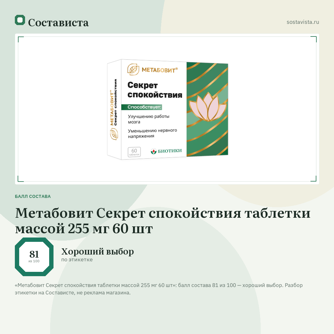 Метабовит Секрет спокойствия таблетки массой 255 мг 60 шт: балл состава 81 из 100 — Состависта