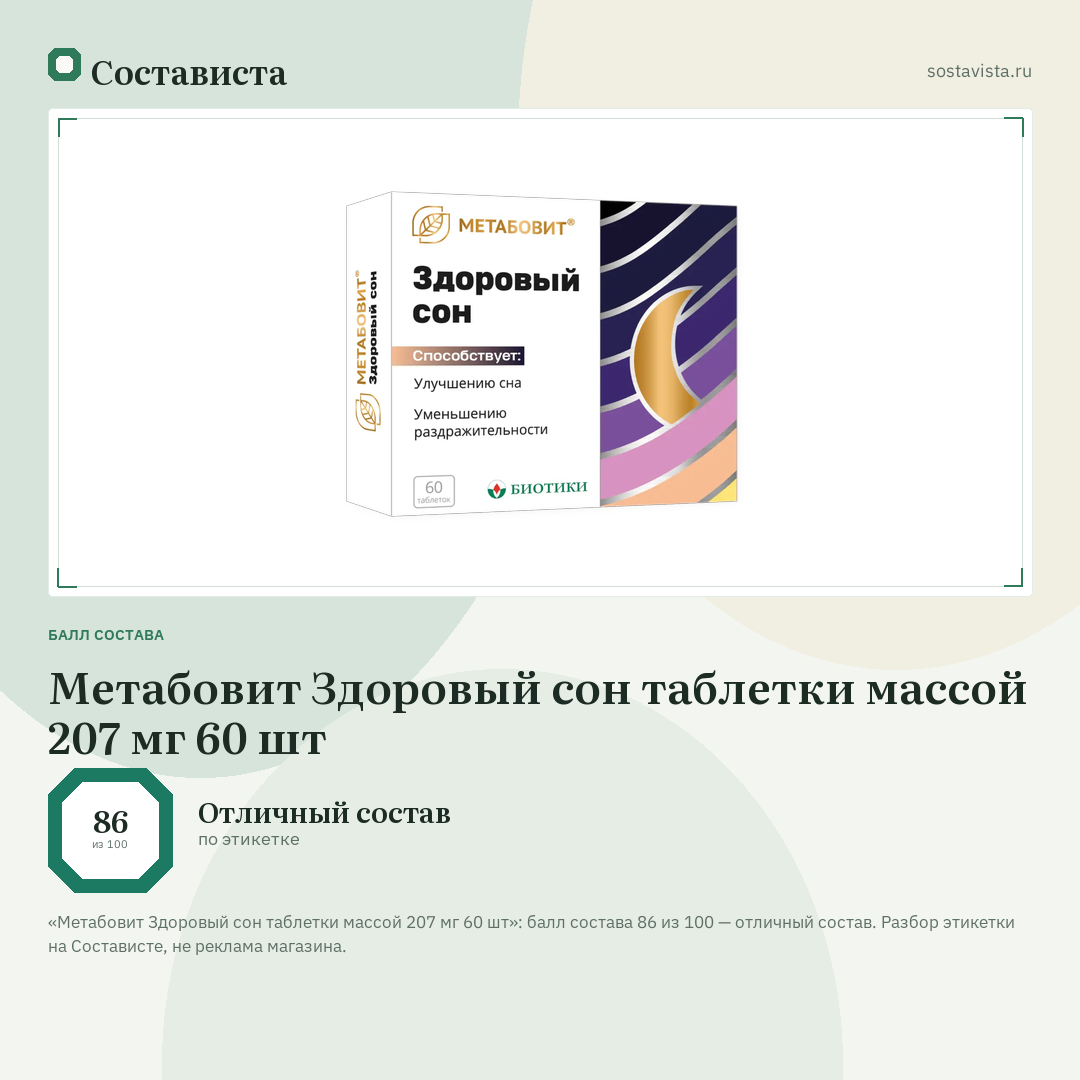 Метабовит Здоровый сон таблетки массой 207 мг 60 шт: балл состава 86 из 100 — Состависта