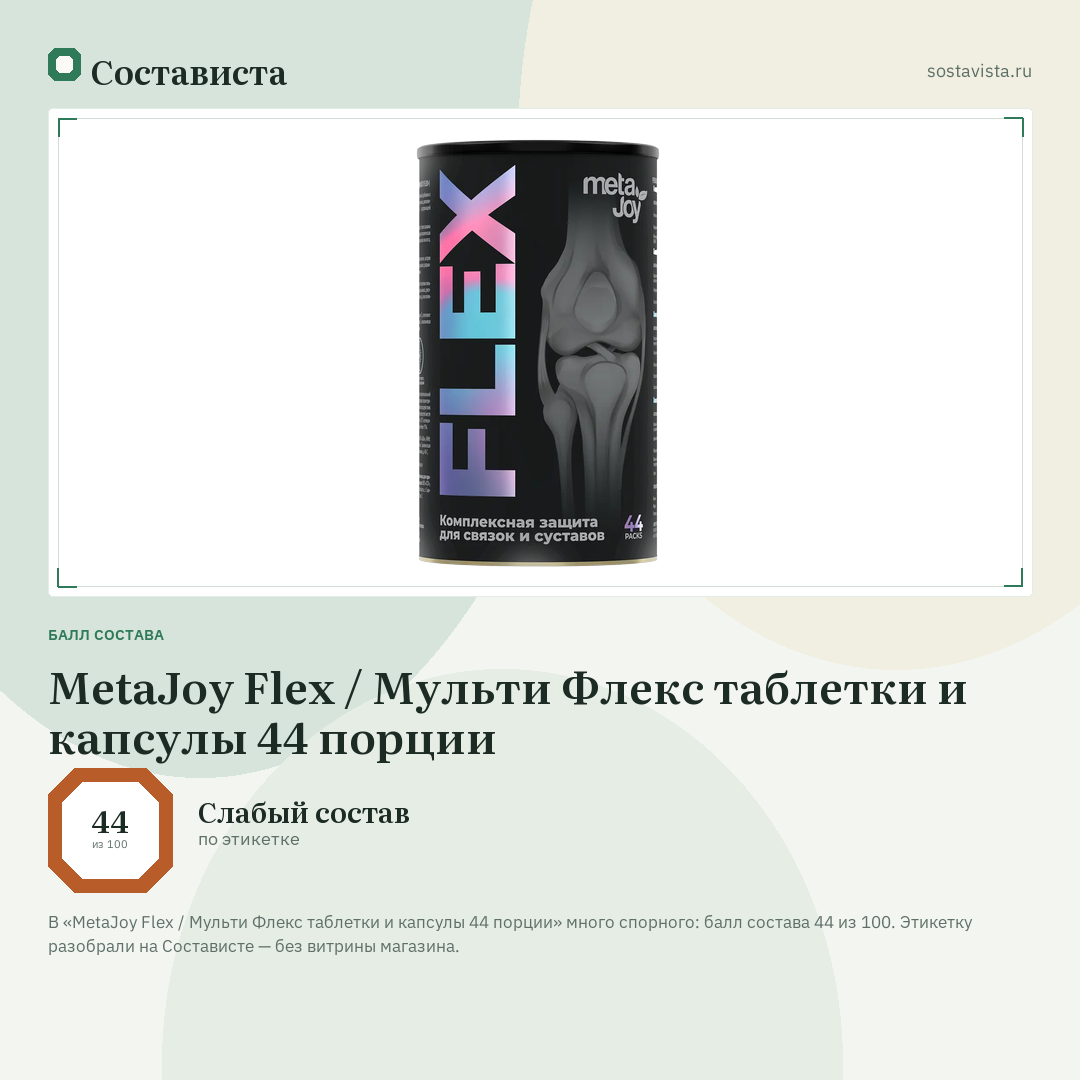 MetaJoy Flex / Мульти Флекс таблетки и капсулы 44 порции: балл состава 44 из 100 — Состависта