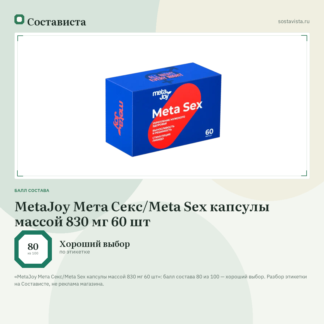 MetaJoy Мета Секс/Meta Sex капсулы массой 830 мг 60 шт: балл состава 80 из 100 — Состависта