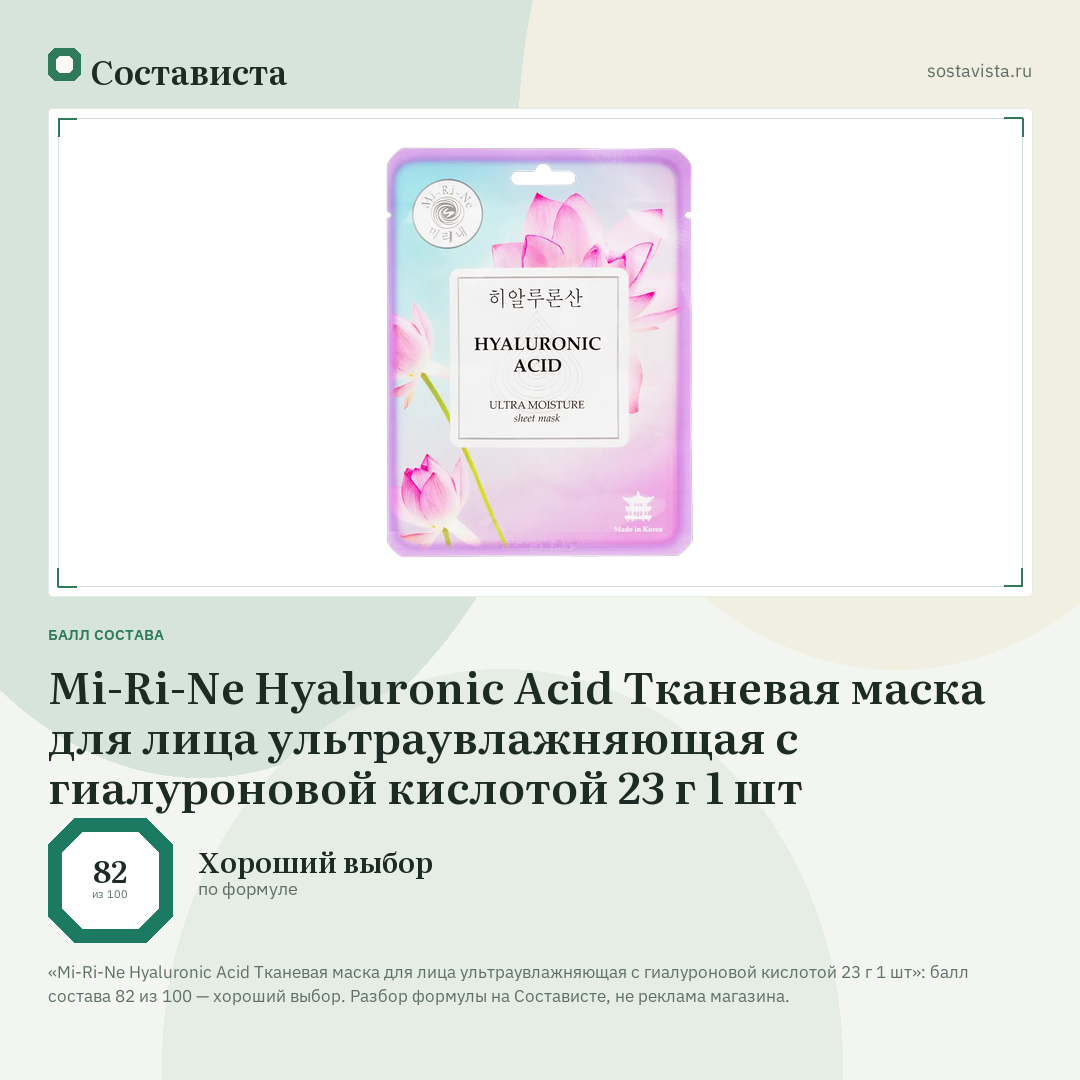 Mi-Ri-Ne Hyaluronic Acid Тканевая маска для лица ультраувлажняющая с гиалуроновой кислотой 23 г 1 шт: балл состава 82 из 100 — Состависта