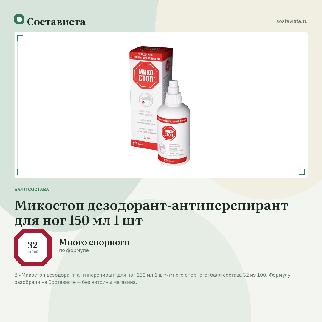 Микостоп дезодорант-антиперспирант для ног 150 мл 1 шт: балл состава 32 из 100 — Состависта