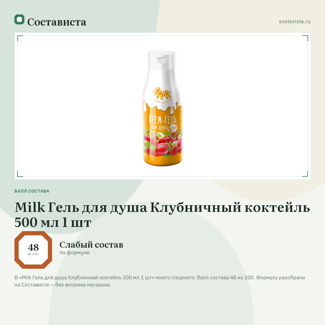 Milk Гель для душа Клубничный коктейль 500 мл 1 шт: балл состава 48 из 100 — Состависта