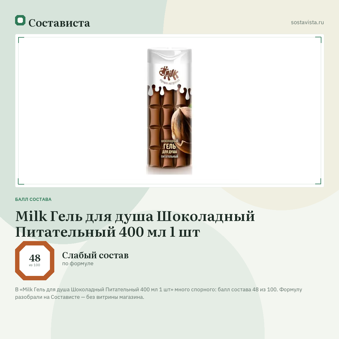 Milk Гель для душа Шоколадный Питательный 400 мл 1 шт: балл состава 48 из 100 — Состависта