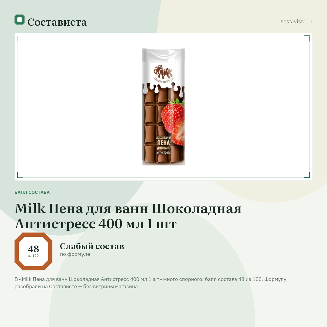 Milk Пена для ванн Шоколадная Антистресс 400 мл 1 шт: балл состава 48 из 100 — Состависта
