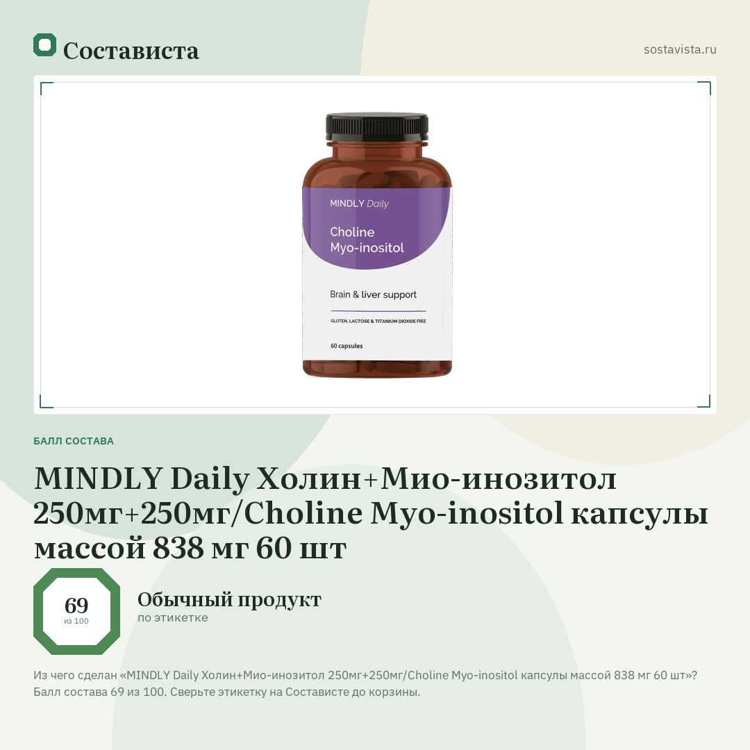MINDLY Daily Холин+Мио-инозитол 250мг+250мг/Choline Myo-inositol капсулы массой 838 мг 60 шт: балл состава 69 из 100 — Состависта