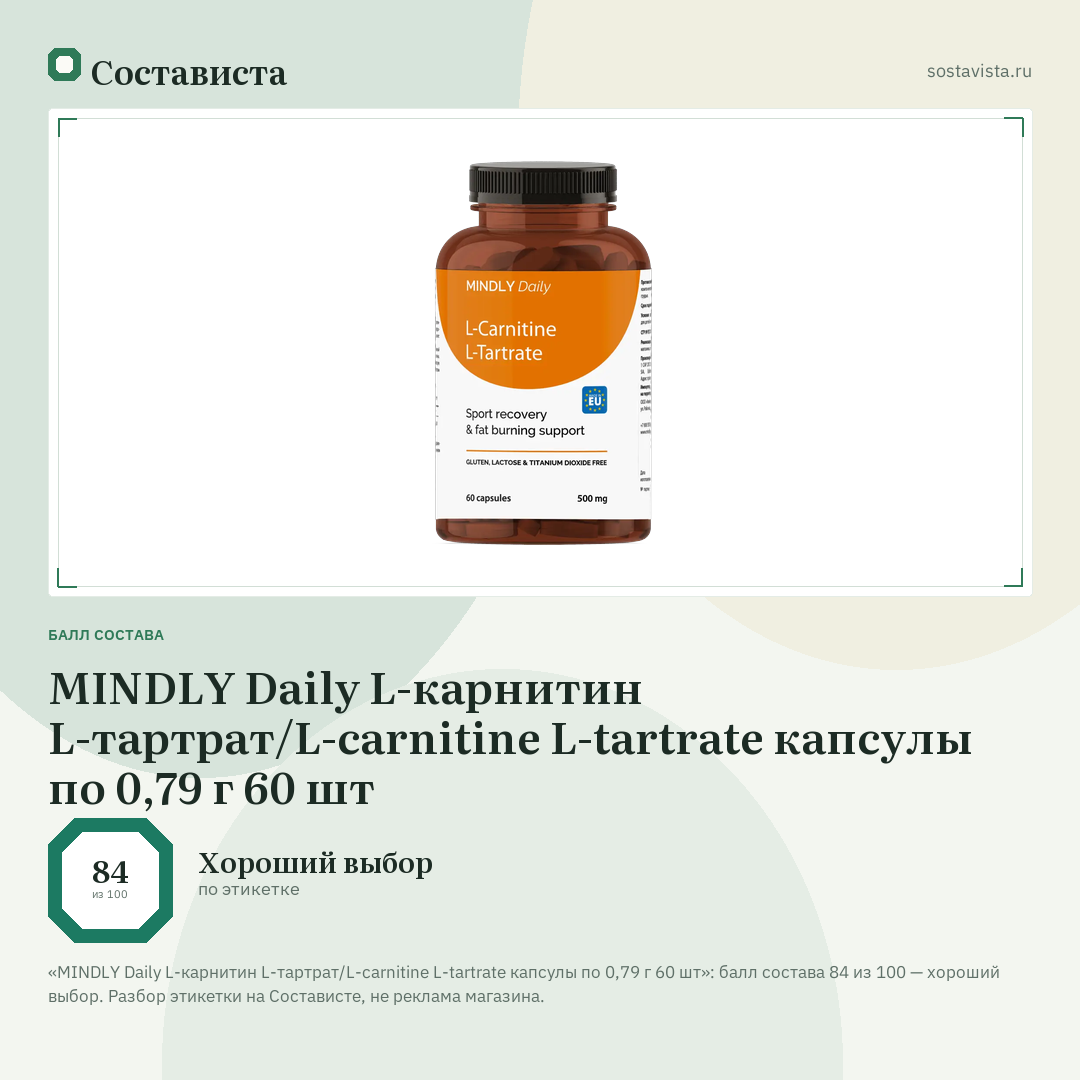 MINDLY Daily L-карнитин L-тартрат/L-carnitine L-tartrate капсулы по 0,79 г 60 шт: балл состава 84 из 100 — Состависта