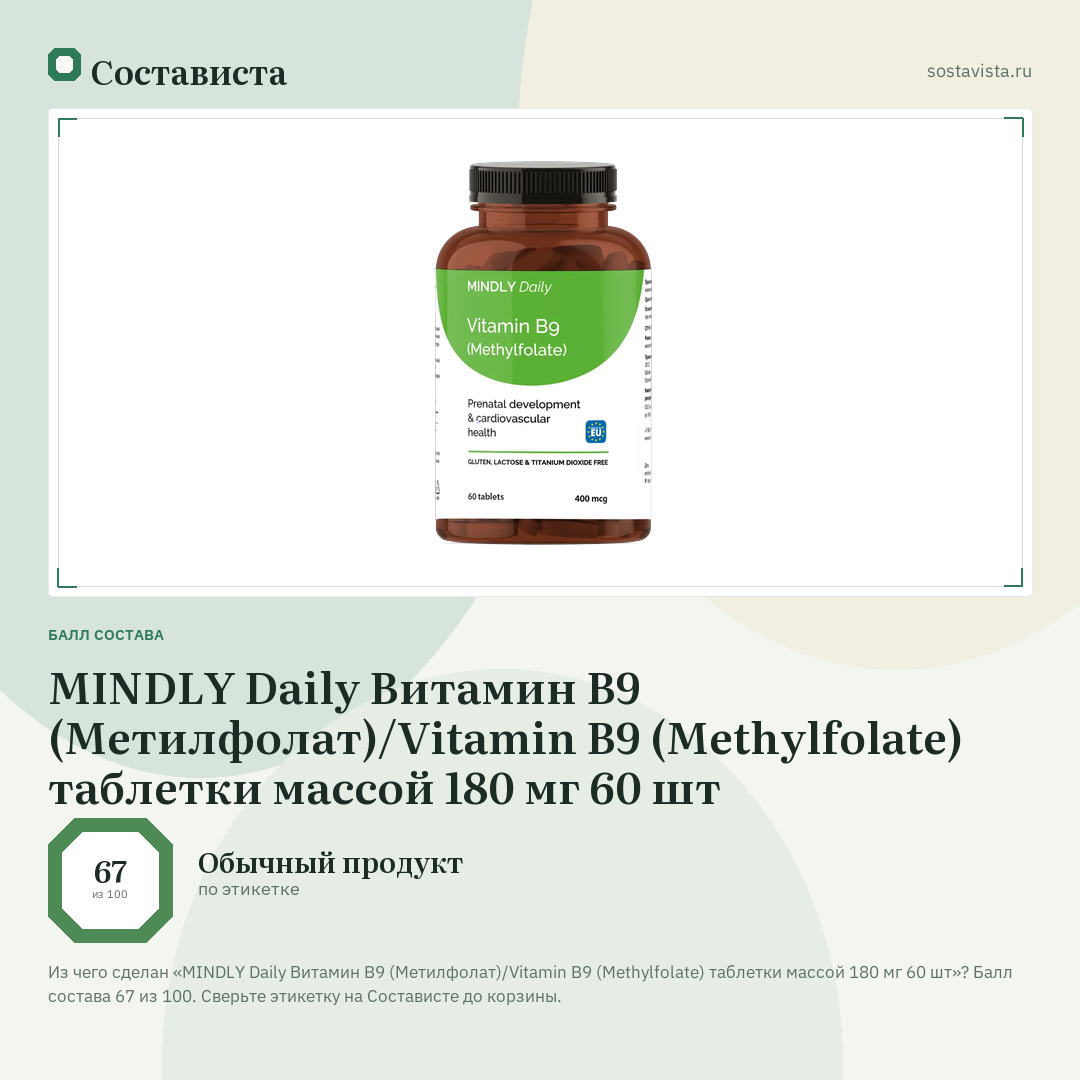 MINDLY Daily Витамин B9 (Метилфолат)/Vitamin B9 (Methylfolate) таблетки массой 180 мг 60 шт: балл состава 67 из 100 — Состависта