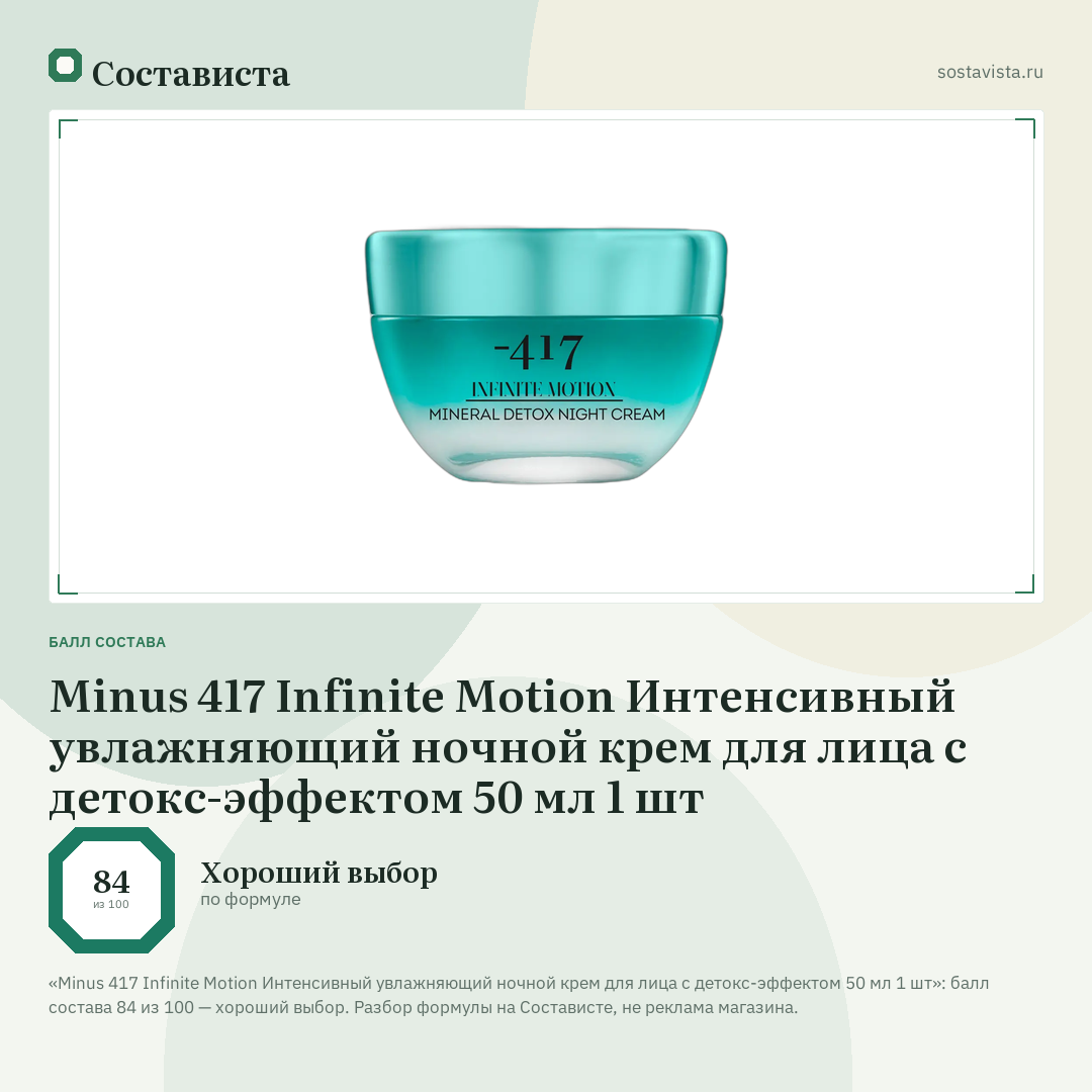 Minus 417 Infinite Motion Интенсивный увлажняющий ночной крем для лица с детокс-эффектом 50 мл 1 шт: балл состава 84 из 100 — Состависта