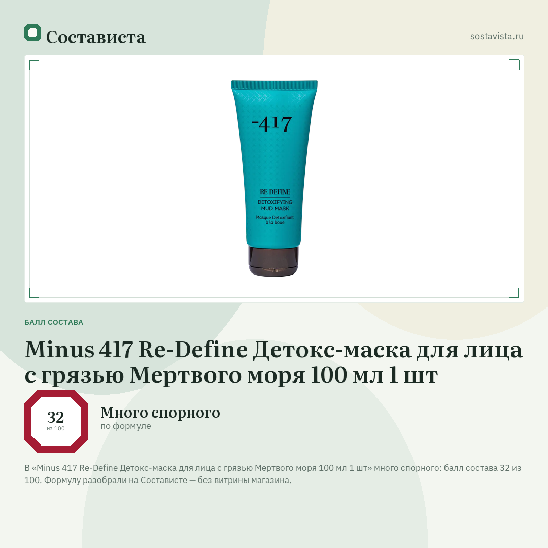 Minus 417 Re-Define Детокс-маска для лица с грязью Мертвого моря 100 мл 1 шт: балл состава 32 из 100 — Состависта