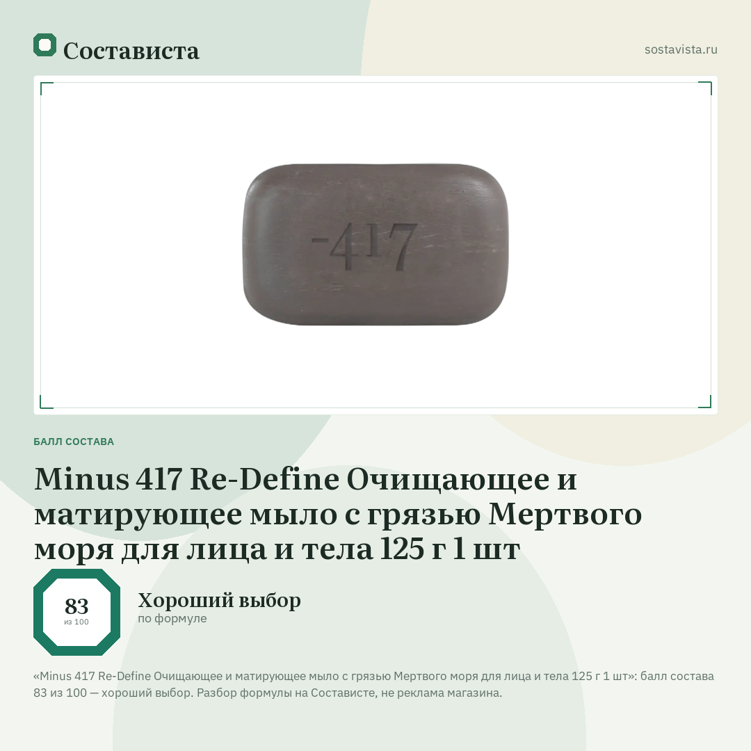 Minus 417 Re-Define Очищающее и матирующее мыло с грязью Мертвого моря для лица и тела 125 г 1 шт: балл состава 83 из 100 — Состависта