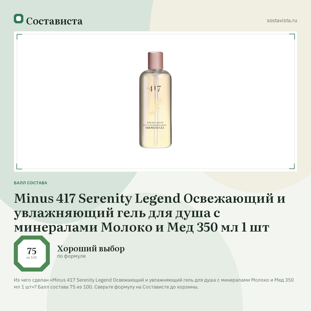 Minus 417 Serenity Legend Освежающий и увлажняющий гель для душа с минералами Молоко и Мед 350 мл 1 шт: балл состава 75 из 100 — Состависта