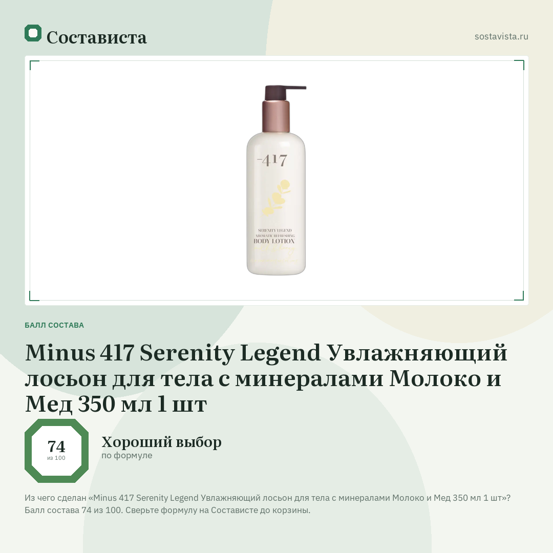 Minus 417 Serenity Legend Увлажняющий лосьон для тела с минералами Молоко и Мед 350 мл 1 шт: балл состава 74 из 100 — Состависта