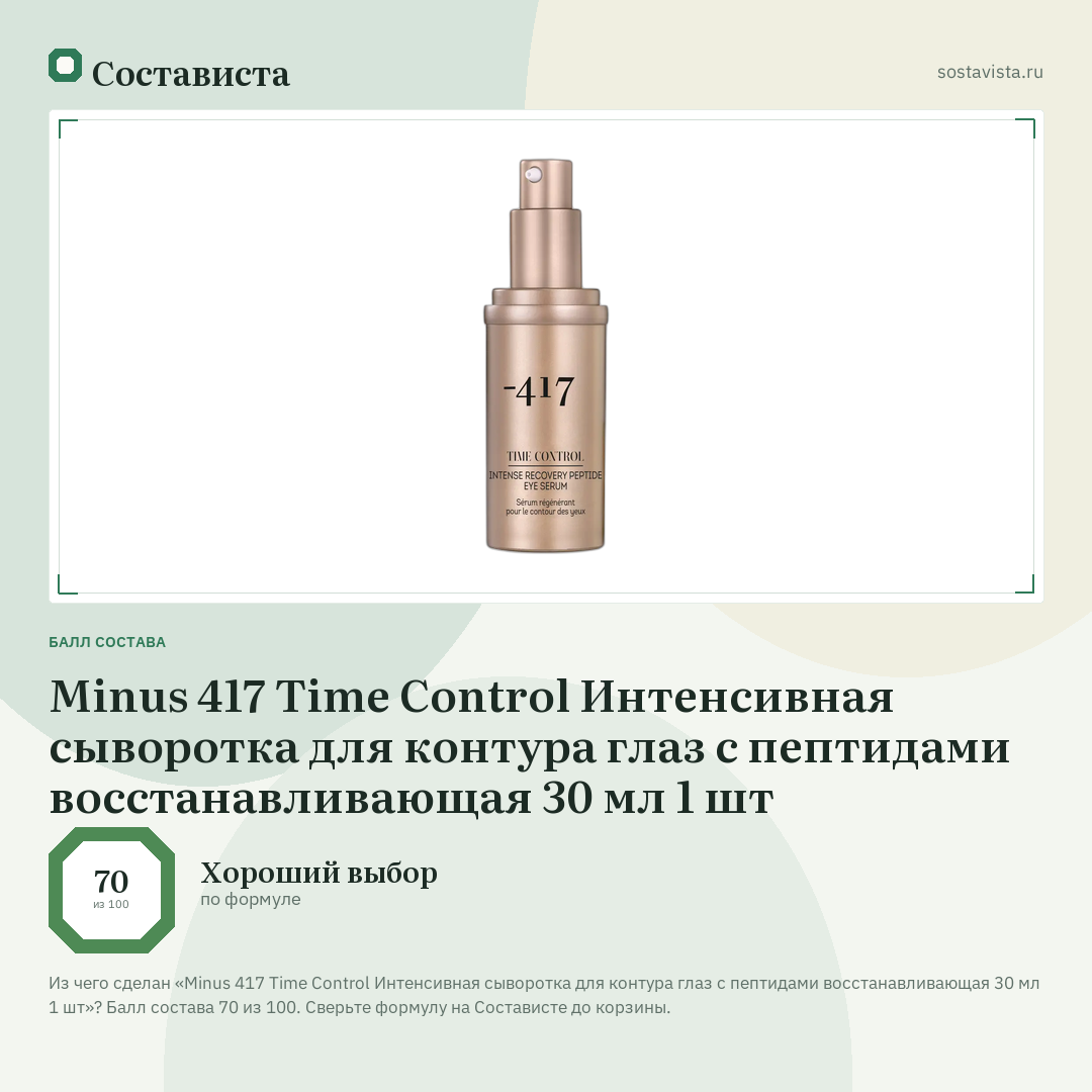 Minus 417 Time Control Интенсивная сыворотка для контура глаз с пептидами восстанавливающая 30 мл 1 шт: балл состава 70 из 100 — Состависта