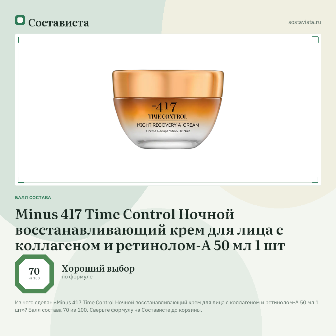 Minus 417 Time Control Ночной восстанавливающий крем для лица с коллагеном и ретинолом-А 50 мл 1 шт: балл состава 70 из 100 — Состависта